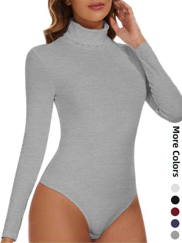 Women's Solid Long Sleeve Thermal Bodysuit, Casual Comfy High Neck Snap Button Warm Bodysuit for Spring & Fall, Women Thermal Underwear for Daily Wear