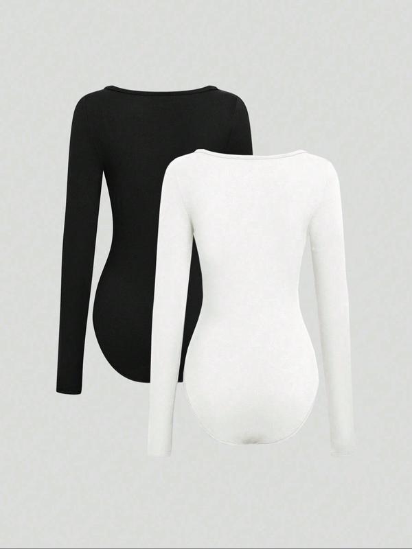 Women's Solid Scoop Neck Long Sleeve Bodysuit, Casual Tops, Comfy Bodysuit for Daily Wear, Ladies Clothes for All Seasons North West Body Suit