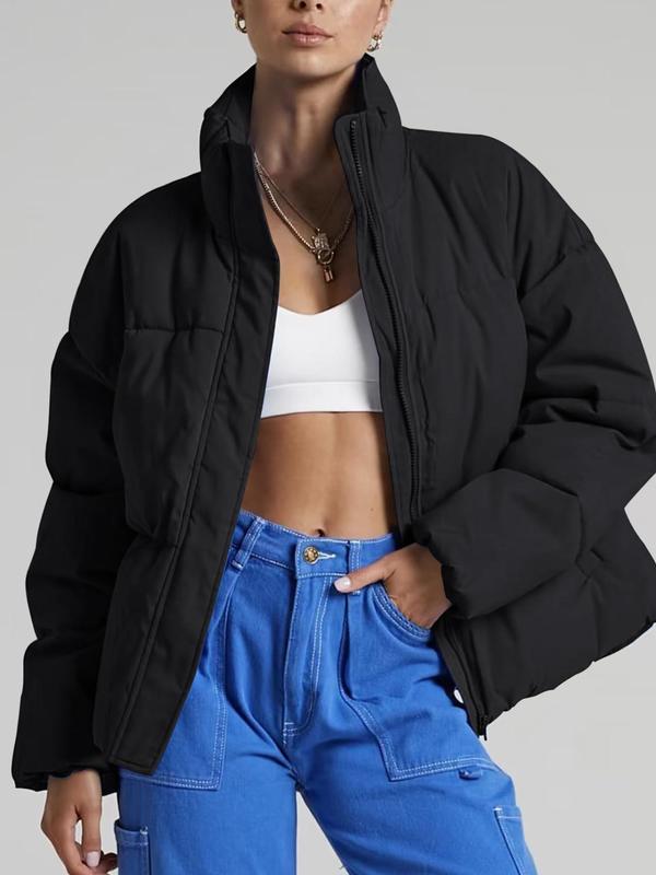 Women's Solid Pocket Zip Up Puffer Coat, Casual Drop Shoulder Thermal Long Sleeve Outerwear for Winter, Ladies Clothes for Daily Wear Jackets