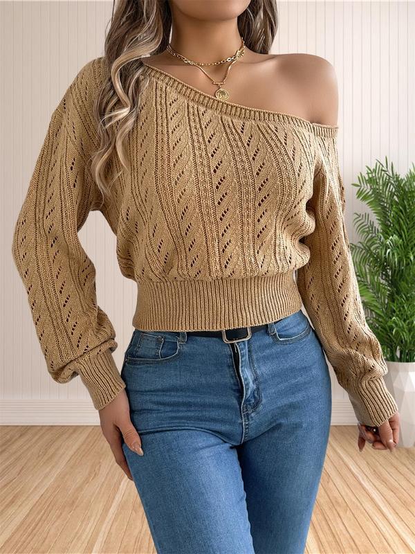 Women's Plain Hollow Out Drop Shoulder Sweater, Casual Long Sleeve Asymmetrical Neck Jumper for Fall & Winter, Fashion Ladies' Knitwear for Daily Wear