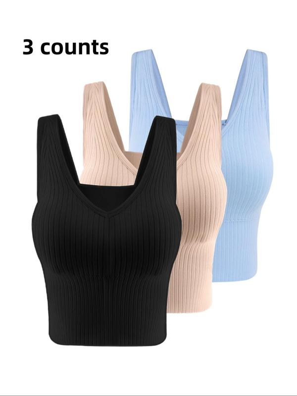 Women's Solid Ribbed V Neck Crop Tank Top with Removable Chest Pad Design, Crop Tops, Casual Breathable Comfortable Sleeveless Cropped Top for Daily Wear,  Cute Crop Tops,  Ladies Clothes for All Seasons