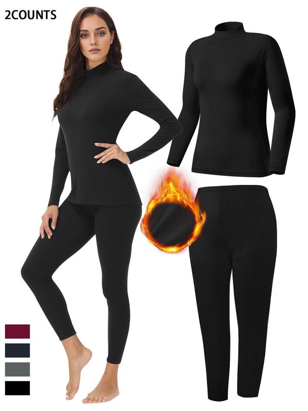 Two-piece Set Women's Solid Color Thermal Underwear Set, Casual Comfy Warm Long Sleeve Top & Leggings for Fall & Winter, Women's Sleepwear for Indoor Wear