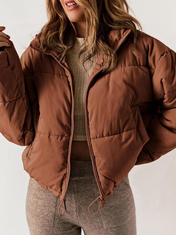 Women's Solid Drawstring Drop Shoulder Quilted Warm Jacket, Casual Long Sleeve Zip Up Outerwear for Winter, Ladies Clothes for Daily Wear