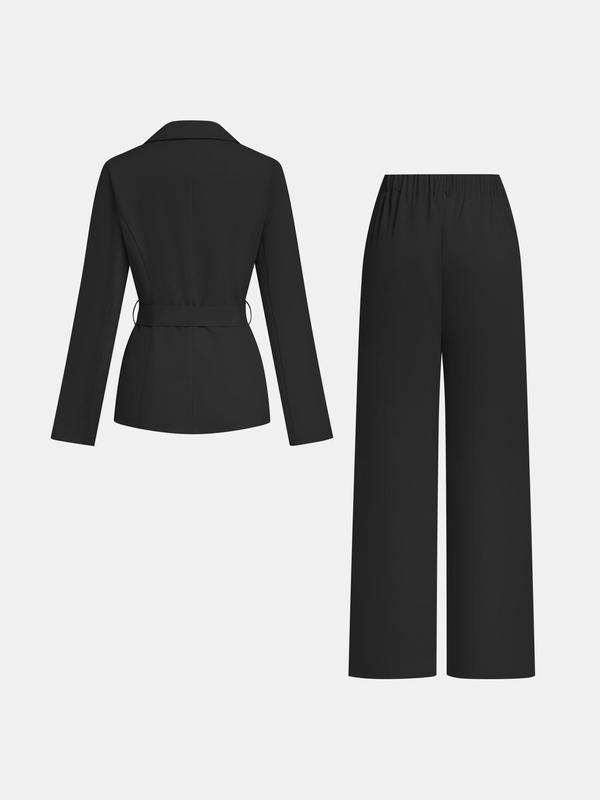 Black Friday Deals YOZY Two-Piece Set Women's Solid Color Belted Pocket Lapel Neck Blazer & Wide Leg Pants, Long Sleeve Outerwear & Straight Leg Trousers for Work Office Business, Christmas 2024 Trend, Thanksgiving Clothes, Fall Clothes, Winter Clothes