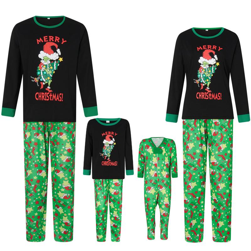 Matching Christmas Pajamas For Family Long Sleeve Cartoon Print Tops + Trousers Set Winter Holiday Sleepwear