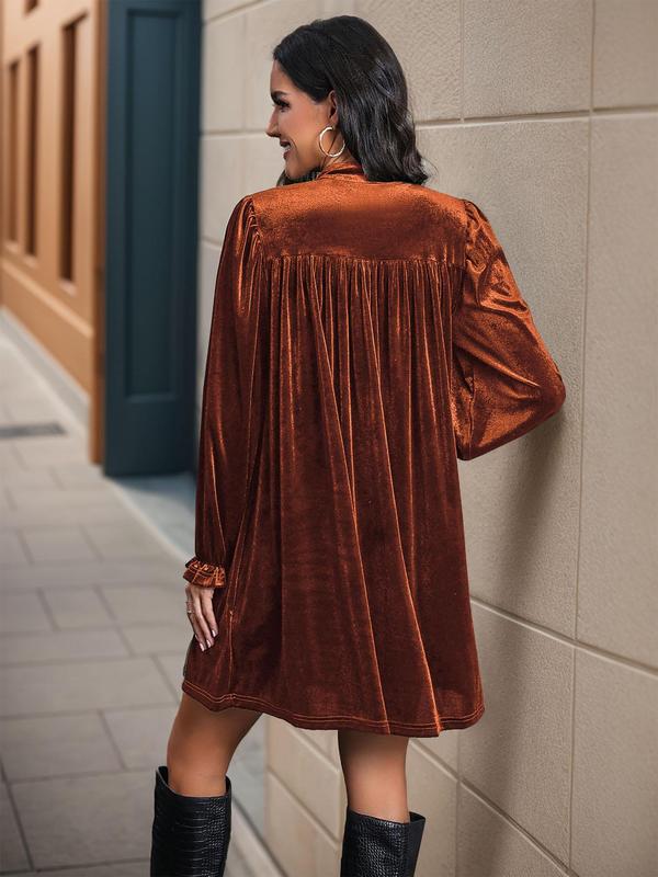 Women's Velvet Wrap V Neck Flounce Sleeve Dress, Casual Ruffle Trim Frill Trim A Line Short Dress for Fall & Winter, Women's Clothing for Daily Wear