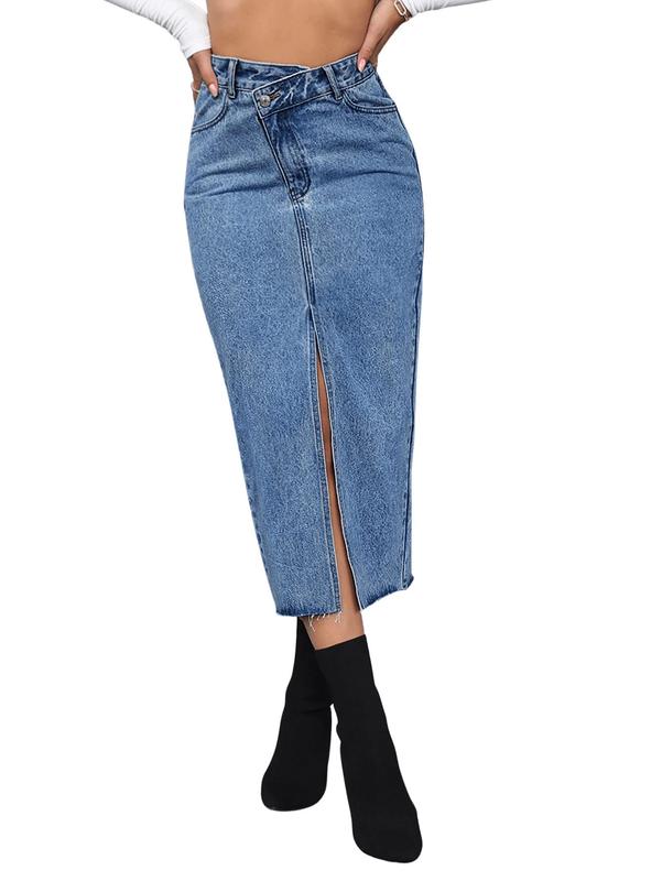 Casual High Waist Denim Skirt Split Hem Raw Trim Midi Jean Skirts