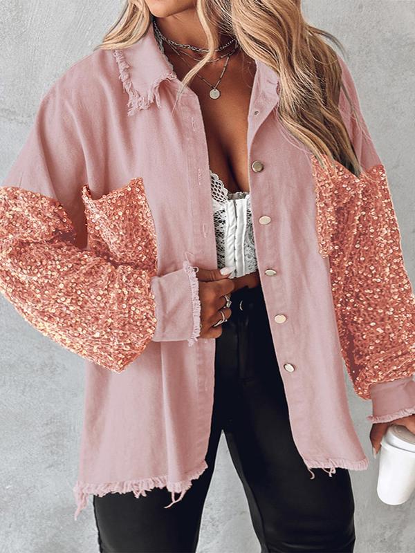  Contrast Sequin Raw Hem Button Front Shirt Jacket, Casual Long Sleeve Collared Pocket Outerwear for Fall & Winter, Women's Clothes for Daily Wear