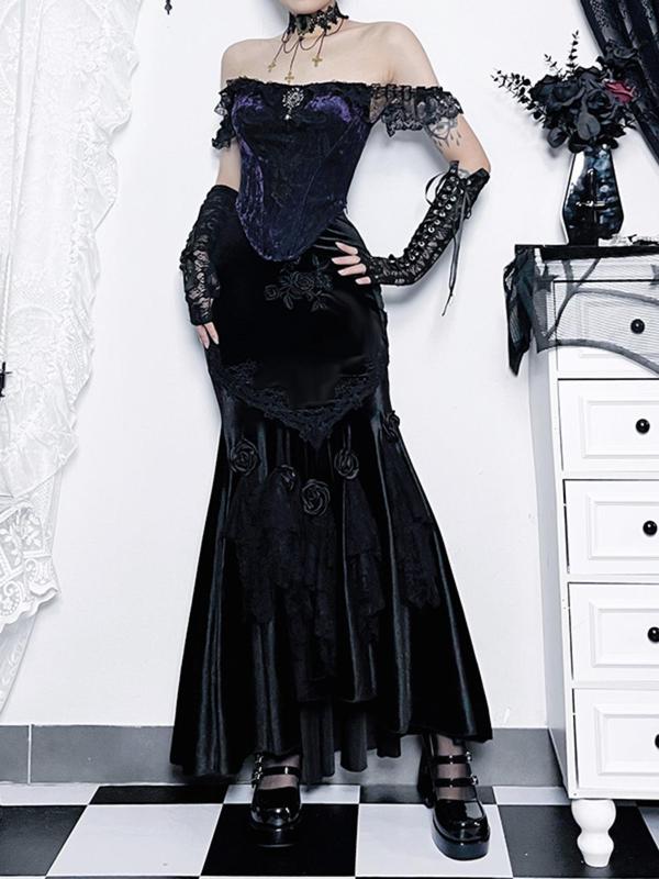 Women's Floral Embroidery Contrast Lace Mermaid Skirt, Punk Style Flower Decor Long Skirt for Party Holiday Costume, Ladies Fall & Winter Clothes