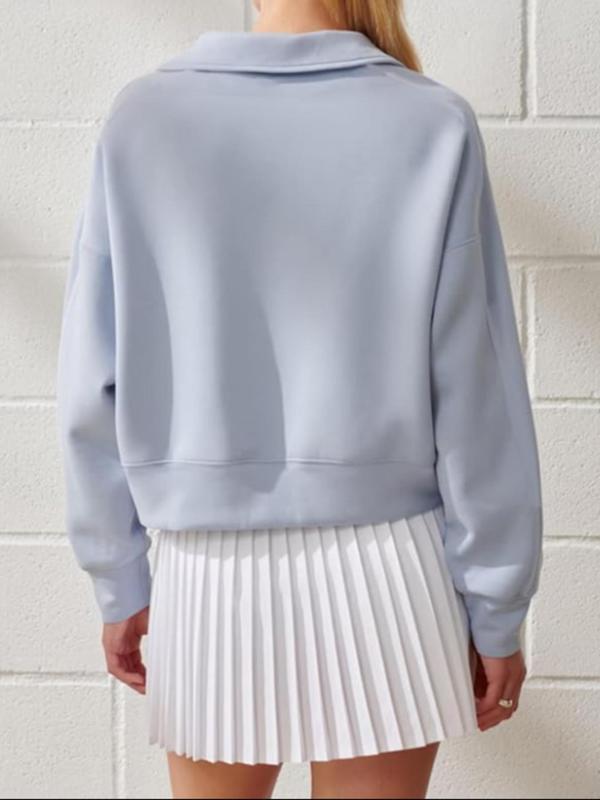 Women's Plain Drop Shoulder Polo Sweatshirt, Casual Long Sleeve Collared Pullover for Fall & Winter, Ladies Clothes for Daily Wear