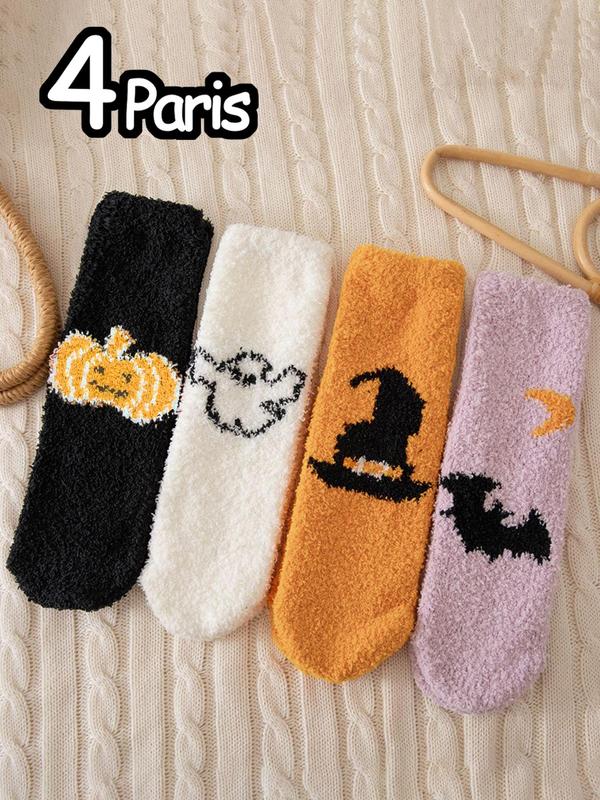 Women's Cartoon Print Crew Socks, Casual Halloween Themed Soft Comfortable Fuzzy Socks for Fall & Winter, Women's Socks for Daily Wear