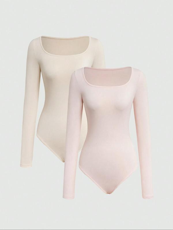 Women's Solid Scoop Neck Long Sleeve Bodysuit, Casual Tops, Comfy Bodysuit for Daily Wear, Ladies Clothes for All Seasons North West Body Suit
