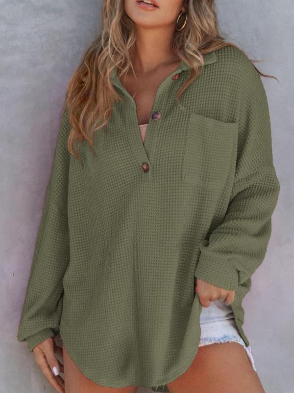 Women's Plain Textured Drop Shoulder Polo Shirt, Casual Long Sleeve Button Front Collared Top for Daily Wear, Ladies Clothes for All Seasons, Fall Outfits, Fallfreshness