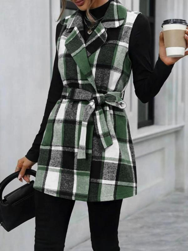 Women's Plaid Print Belted V Neck Waistcoat, Casual Fashion Comfy Gilet Coat for Daily Outdoor Wear, Women Clothes for Fall, Lady Fitted Vest Coat Womenswear, Back To School Outfit for Christmas