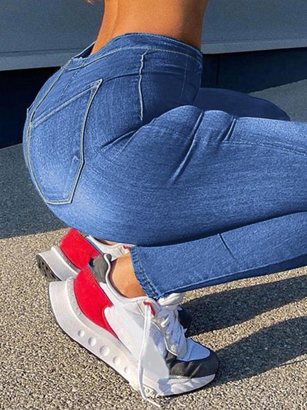 Women's Plain High Waist Button Fly Skinny Jeans, Casual Comfy Pocket Design Denim Jeans for Daily Wear, Ladies Bottoms for All Seasons