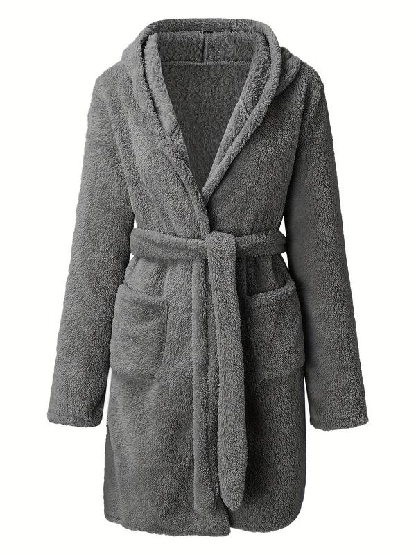 Women's Solid Belted Wrap Pocket Lounge Robe, Casual Long Sleeve Bedroom Drop Shoulder Bathrobe, Ladies Sleepwear for Fall & Winter