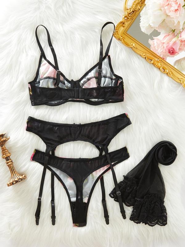 Women's Floral Print  Bra & Thong & Garter Belt  & Contrast Lace Stockings Set, Sexy Adjustable Strap Backless Lingerie Set, Women's Underwear Set