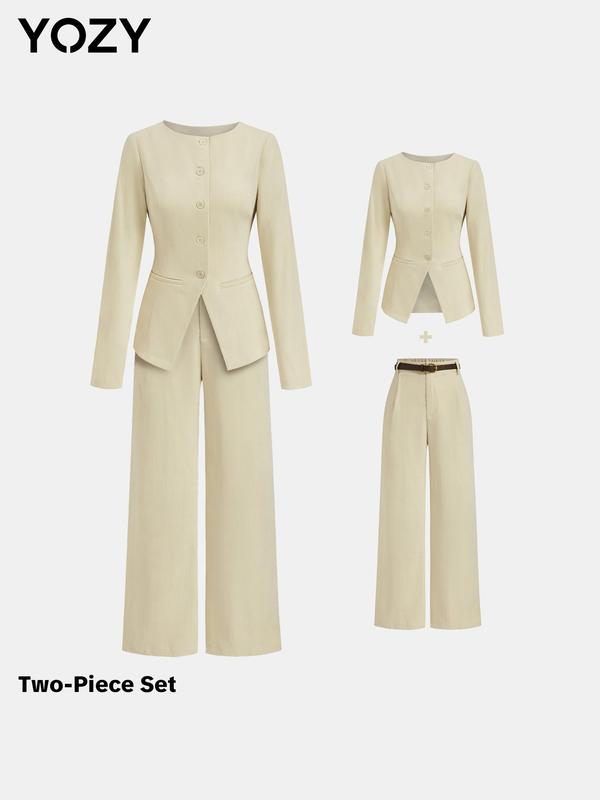 YOZY Two-Piece Set Women's Solid Color Button Front Jacket & Plicated Wide Leg Pants, Long Sleeve Round Neck Outerwear & Pocket Belted Trousers for Work Office Business, Ladies Spring & Fall Clothes