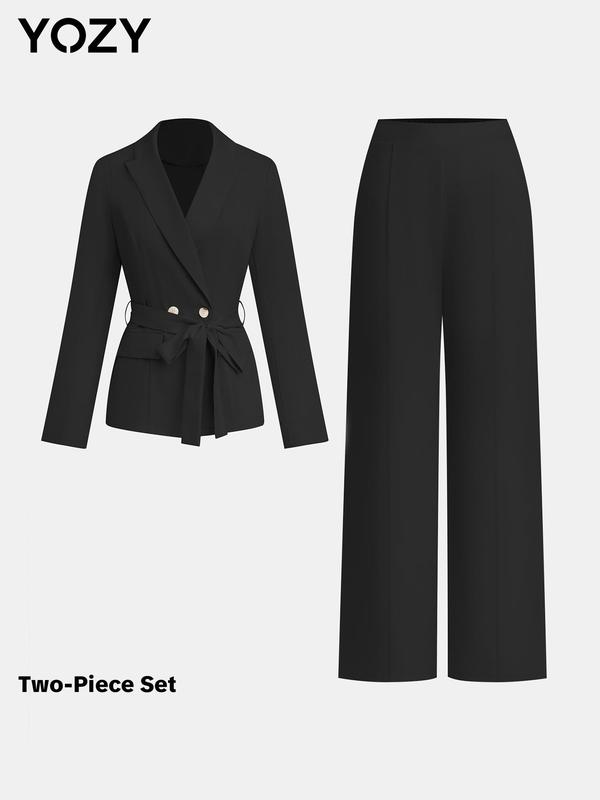 Black Friday Deals YOZY Two-Piece Set Women's Solid Color Belted Pocket Lapel Neck Blazer & Wide Leg Pants, Long Sleeve Outerwear & Straight Leg Trousers for Work Office Business, Christmas 2024 Trend, Thanksgiving Clothes, Fall Clothes, Winter Clothes