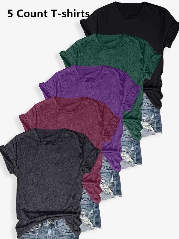 Women's Solid Round Neck Tee, Casual Short Sleeve Crew Neck T-shirt for Summer, Basic Tees, T Shirts for Women, Ladies Clothes for Daily Wear