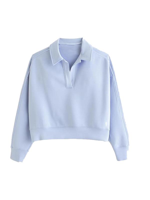 Women's Plain Drop Shoulder Polo Sweatshirt, Casual Long Sleeve Collared Pullover for Fall & Winter, Ladies Clothes for Daily Wear