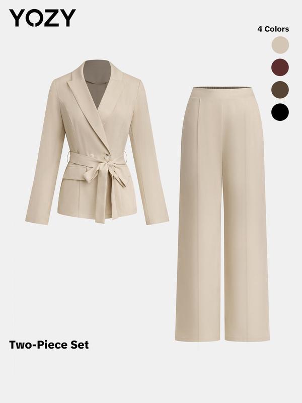Black Friday Deals YOZY Two-Piece Set Women's Solid Color Belted Pocket Lapel Neck Blazer & Wide Leg Pants, Long Sleeve Outerwear & Straight Leg Trousers for Work Office Business, Christmas 2024 Trend, Thanksgiving Clothes, Fall Clothes, Winter Clothes
