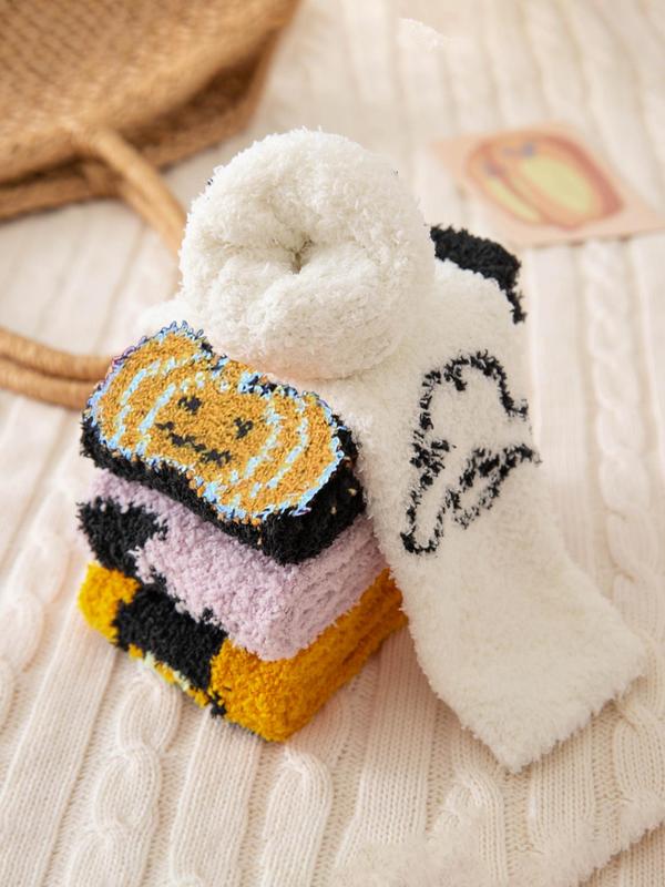 Women's Cartoon Print Crew Socks, Casual Halloween Themed Soft Comfortable Fuzzy Socks for Fall & Winter, Women's Socks for Daily Wear