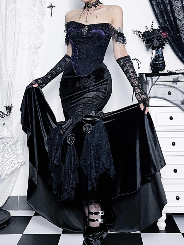 Women's Floral Embroidery Contrast Lace Mermaid Skirt, Punk Style Flower Decor Long Skirt for Party Holiday Costume, Ladies Fall & Winter Clothes