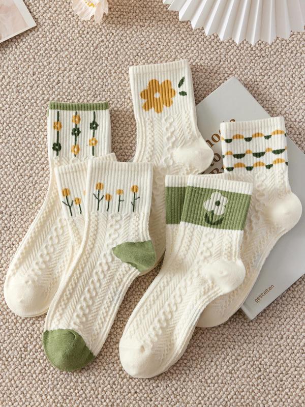 Women's Floral Print Textured Crew Socks, Fashion Casual Cozy Socks for Daily Outdoor Wear, 5 Pairs Women Socks for All Seasons, Summer Socks, Lady Comfort Womenswear