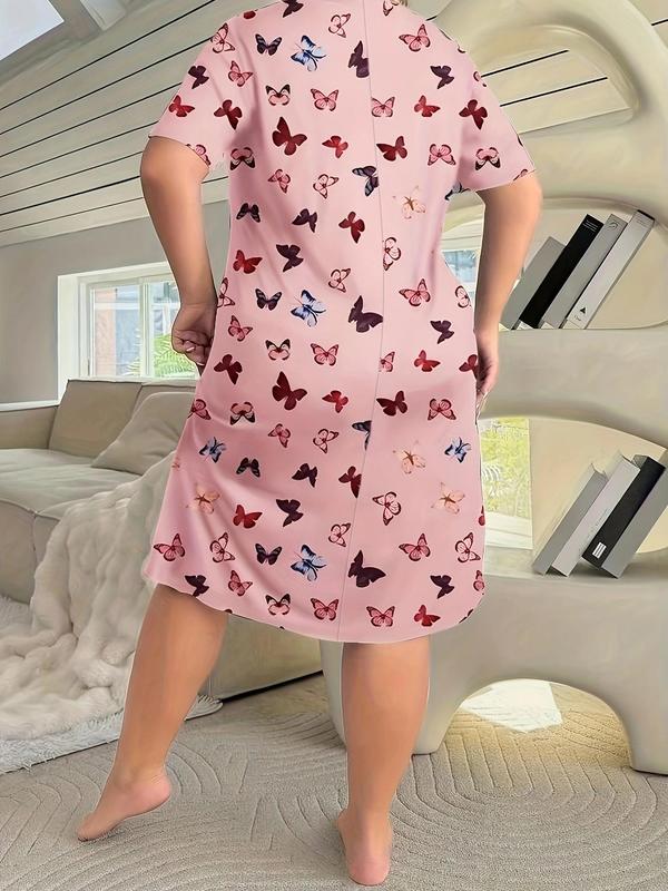  Butterfly & Rabbit Print Round Neck Nightdress, Casual Soft Comfortable Short Sleeve Nightgown for Women, Women's Sleepwear for All Seasons