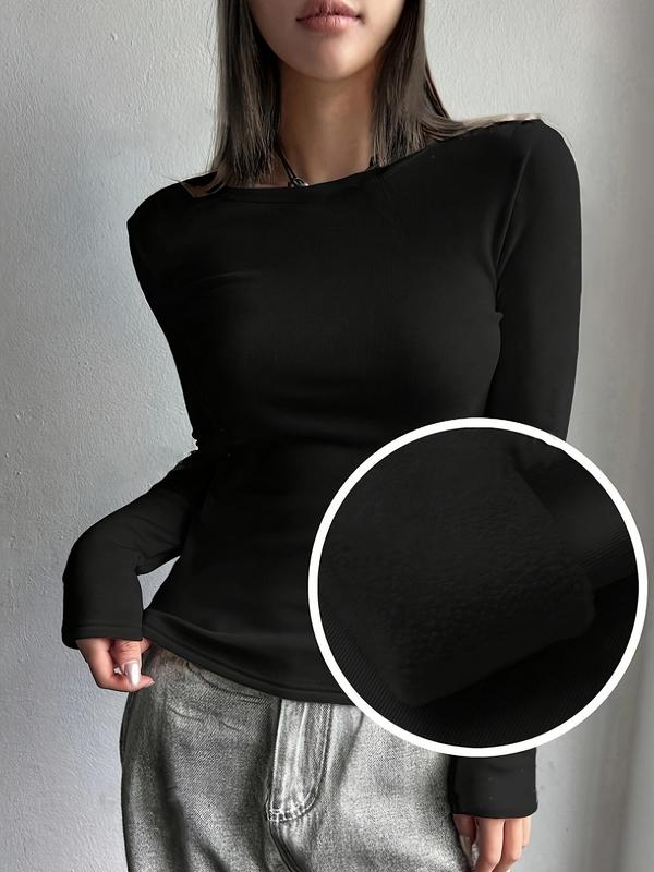 Women's Solid Thermal Lined Crewneck Top, Casual Long Sleeve Round Neck Top for Fall & Winter, Women's Thermal Underwear for Daily Wear