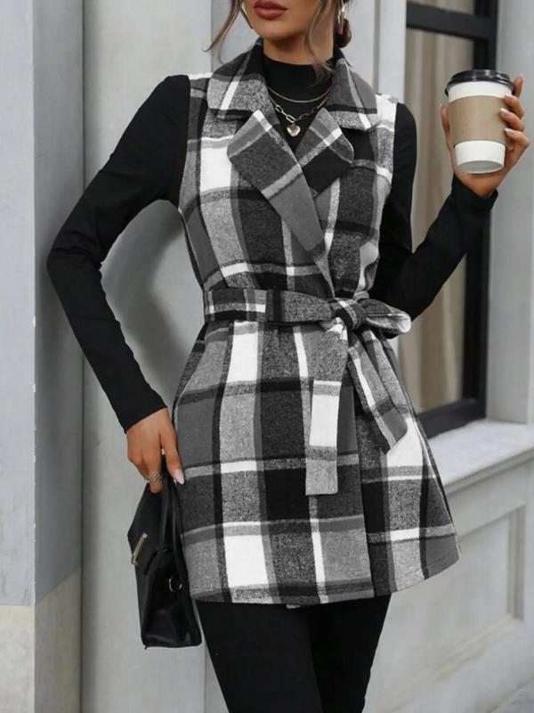 Women's Plaid Print Belted V Neck Waistcoat, Casual Fashion Comfy Gilet Coat for Daily Outdoor Wear, Women Clothes for Fall, Lady Fitted Vest Coat Womenswear, Back To School Outfit for Christmas