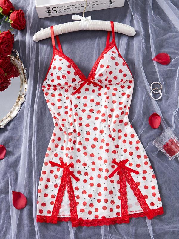 Women's Peach Print Contrast Lace Cami Nightdress, Chic Bow Decor Split Hem Nightgown, Ladies Sleepwear for Daily Wear