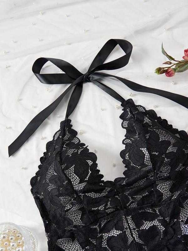 Women's Plants Embroidery Lace Sexy Lingerie Bodysuit, Romantic Deep V Neck Tie Backless Halter Sheer Bodysuit, Ladies One-Piece Lingerie for Nightwear