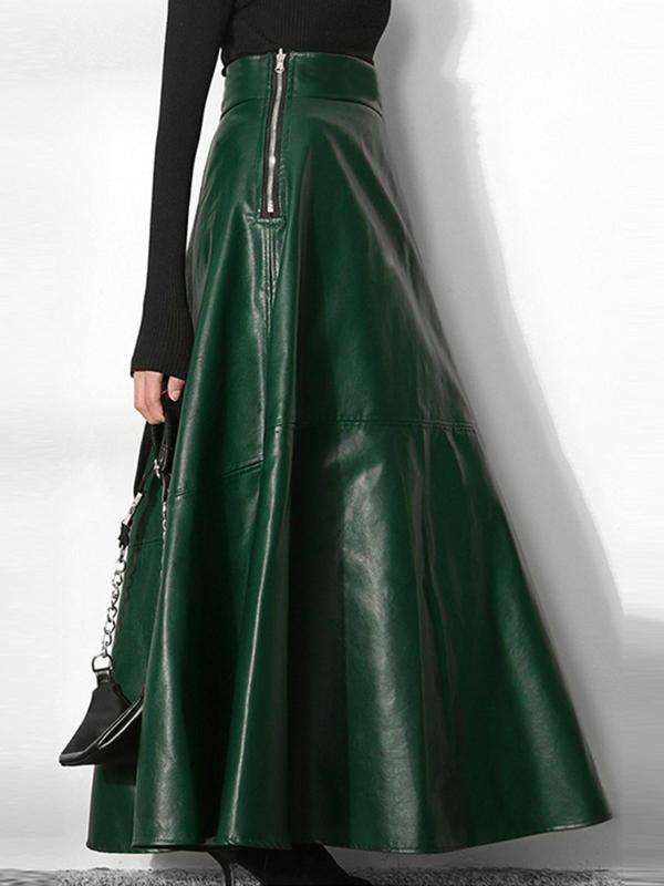 Women's Solid Color High Waist A Line Skirt, Fashionable PU Leather Skirt for Daily Outdoor Wear, Women's Bottoms for Fall & Winter