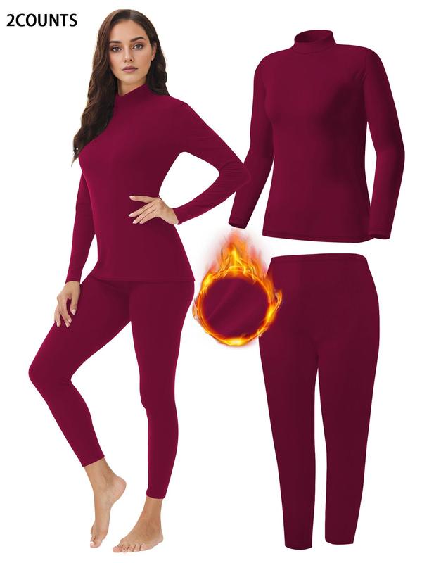 Two-piece Set Women's Solid Color Thermal Underwear Set, Casual Comfy Warm Long Sleeve Top & Leggings for Fall & Winter, Women's Sleepwear for Indoor Wear