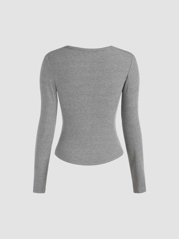 Fall Women's Solid Button Front Ribbed Shirts, Casual Long Sleeve Round Neck T-shirt for Fall, Women's Top for Daily Wear, Fall Vintage 90s Tees, Downtown Girl Clothes