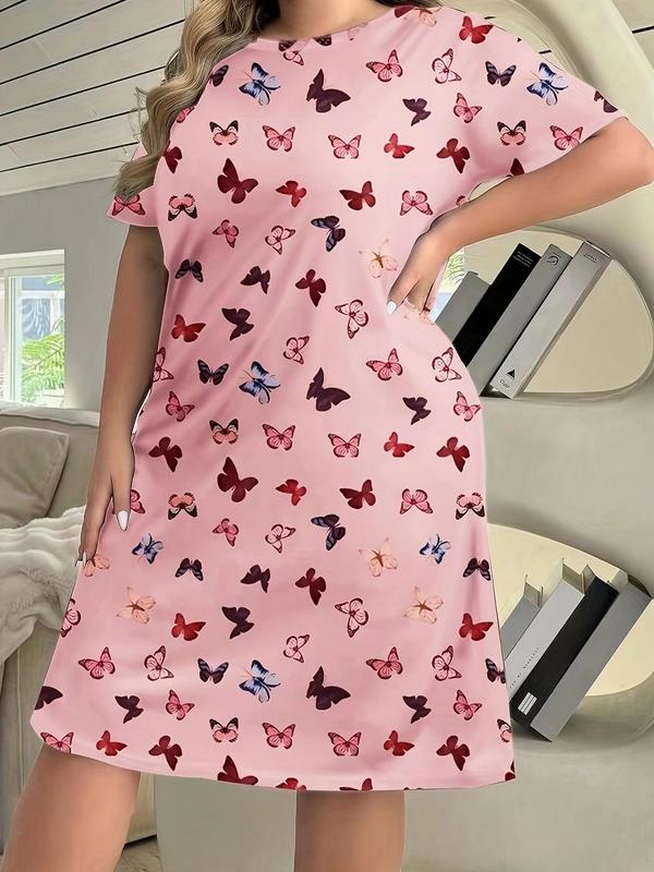  Butterfly & Rabbit Print Round Neck Nightdress, Casual Soft Comfortable Short Sleeve Nightgown for Women, Women's Sleepwear for All Seasons