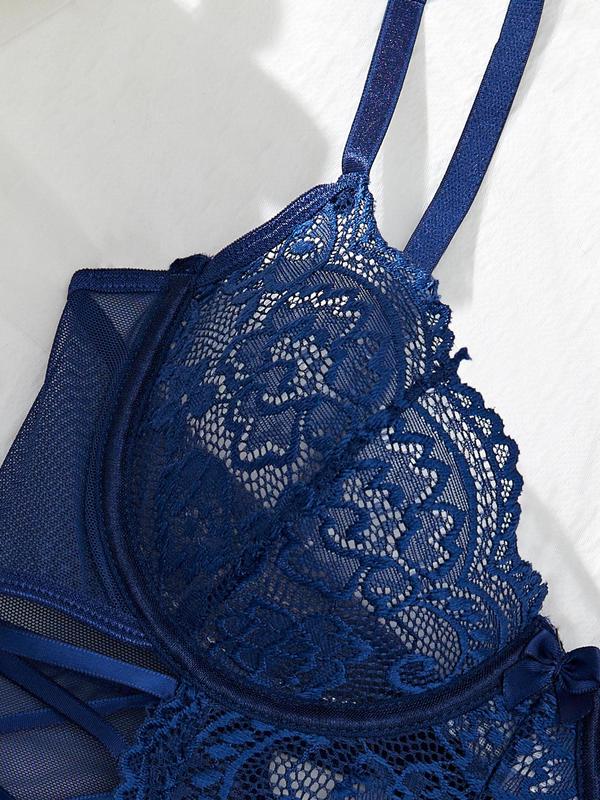Women's Solid Floral Lace Sheer Sexy Lingerie Two-piece Set, Adjustable Strap Lace Up Tie Side Bodysuit & Lace Hem Stocking Set, Women Sexy Lingeries Set for All Seasons