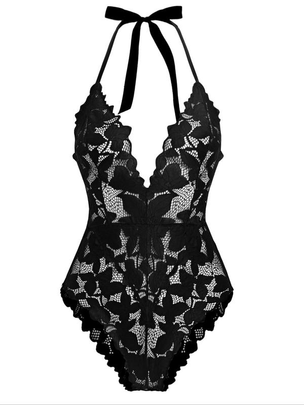Women's Plants Embroidery Lace Sexy Lingerie Bodysuit, Romantic Deep V Neck Tie Backless Halter Sheer Bodysuit, Ladies One-Piece Lingerie for Nightwear