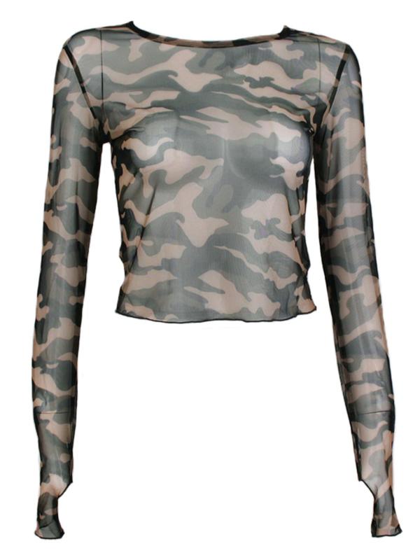 Women's Camo Print Round Neck Semi-sheer Tulle Crop Tee, Casual Long Sleeve Crew Neck T-shirt for Spring & Fall, Fashion Women's Top for Daily Wear, Fall Outfits, Fallfreshness