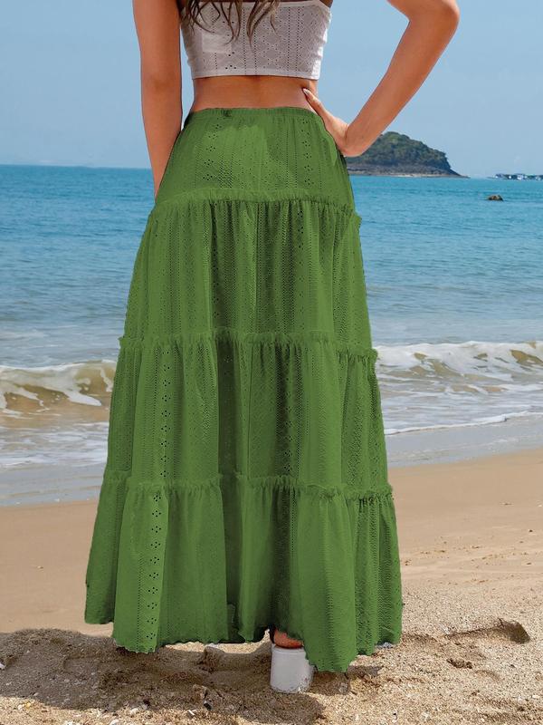 YOZY [4 colors, size 0 2-14] Plain Ruffle Trim Long Skirt  Elegant Elastic Waist A-Line Skirt, 2024 Women's Summer Outfits for Beach, Holiday, Vacation, [XS-XXL]