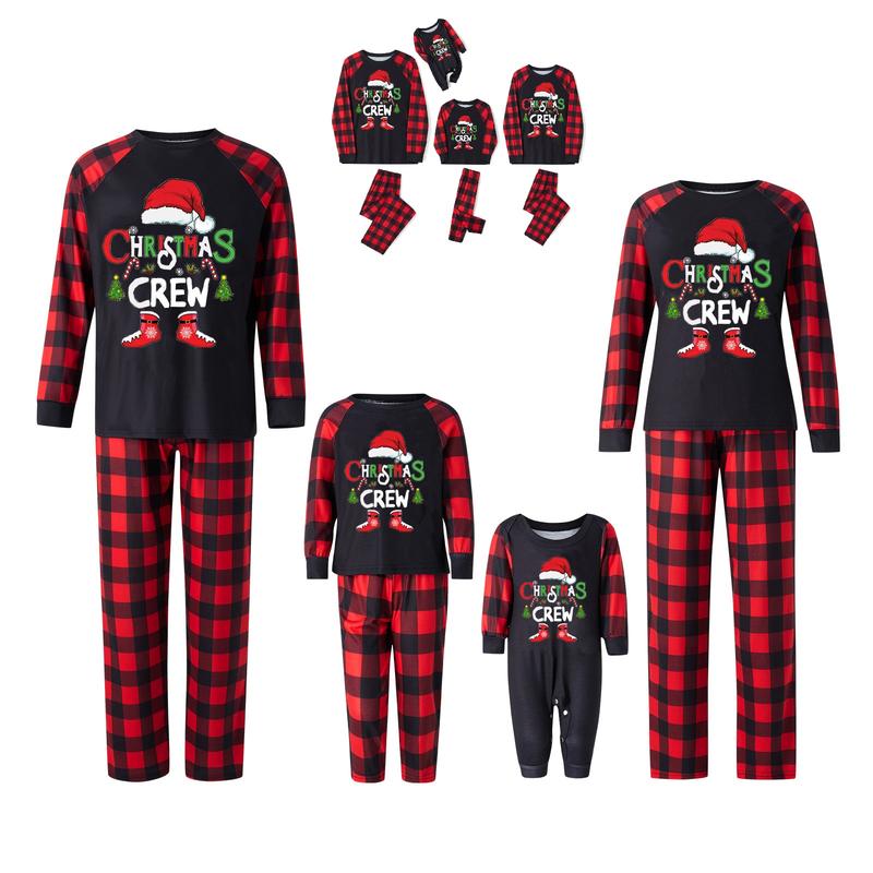 Matching Christmas Pajamas For Family, Baby Romper Letter Christmas Hat Print Long Sleeve Tops + Plaid Pants Sleepwear Set