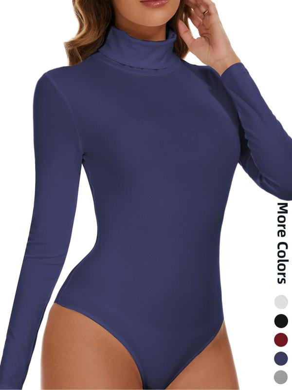 Women's Solid Long Sleeve Thermal Bodysuit, Casual Comfy High Neck Snap Button Warm Bodysuit for Spring & Fall, Women Thermal Underwear for Daily Wear