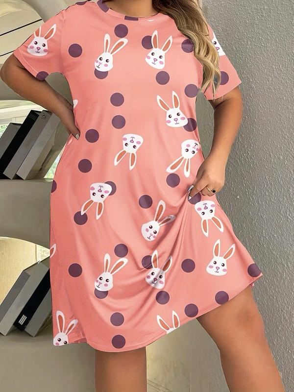  Butterfly & Rabbit Print Round Neck Nightdress, Casual Soft Comfortable Short Sleeve Nightgown for Women, Women's Sleepwear for All Seasons