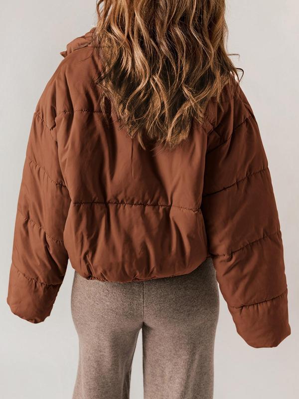 Women's Solid Drawstring Drop Shoulder Quilted Warm Jacket, Casual Long Sleeve Zip Up Outerwear for Winter, Ladies Clothes for Daily Wear