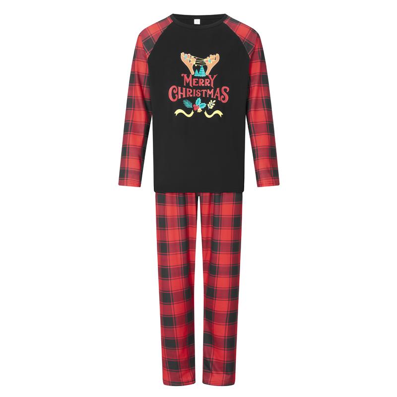 Christmas Family Pajamas Matching Set Letter Print Long Sleeve Tops and Plaid Pants Sleepwear Womenswear Check