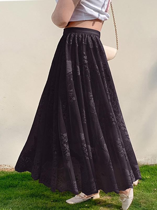 Women's Butterfly & Floral Lace Sheer A Line Skirt, Elegant Fashion Casual Long Skirt for Daily Wear Vacation Holiday, Ladies Bottoms for All Seasons, Vintage Clothing