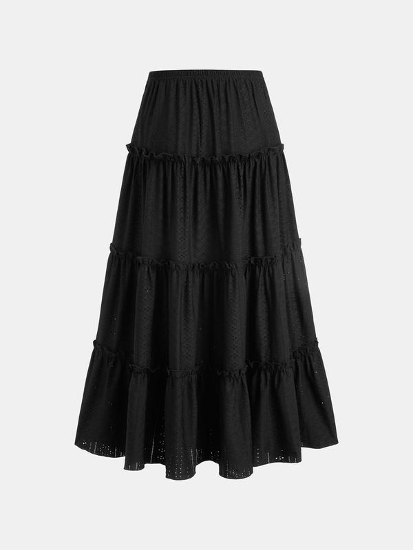 YOZY [4 colors, size 0 2-14] Plain Ruffle Trim Long Skirt  Elegant Elastic Waist A-Line Skirt, 2024 Women's Summer Outfits for Beach, Holiday, Vacation, [XS-XXL]