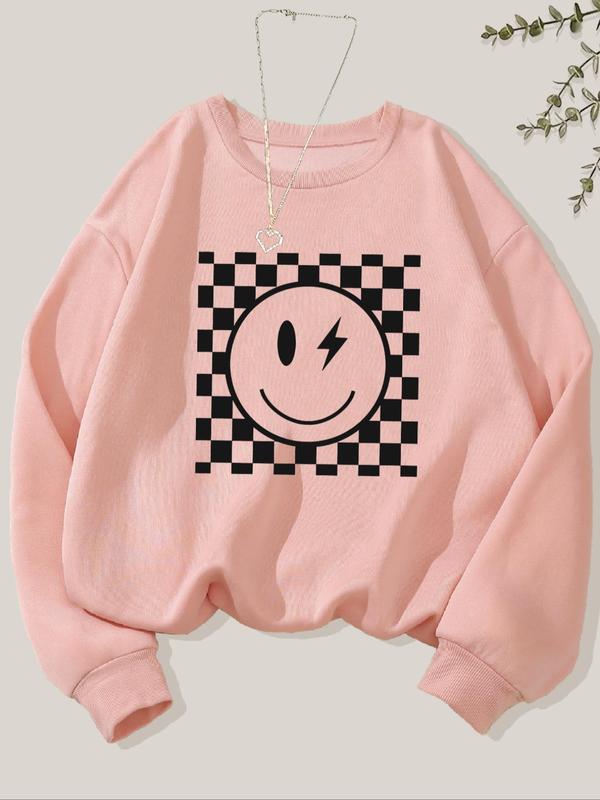 Women's Smile Face Print Crew Neck Sweatshirt, Casual Long Sleeve Pullover for Fall & Winter, Women's Clothes for Daily Wear